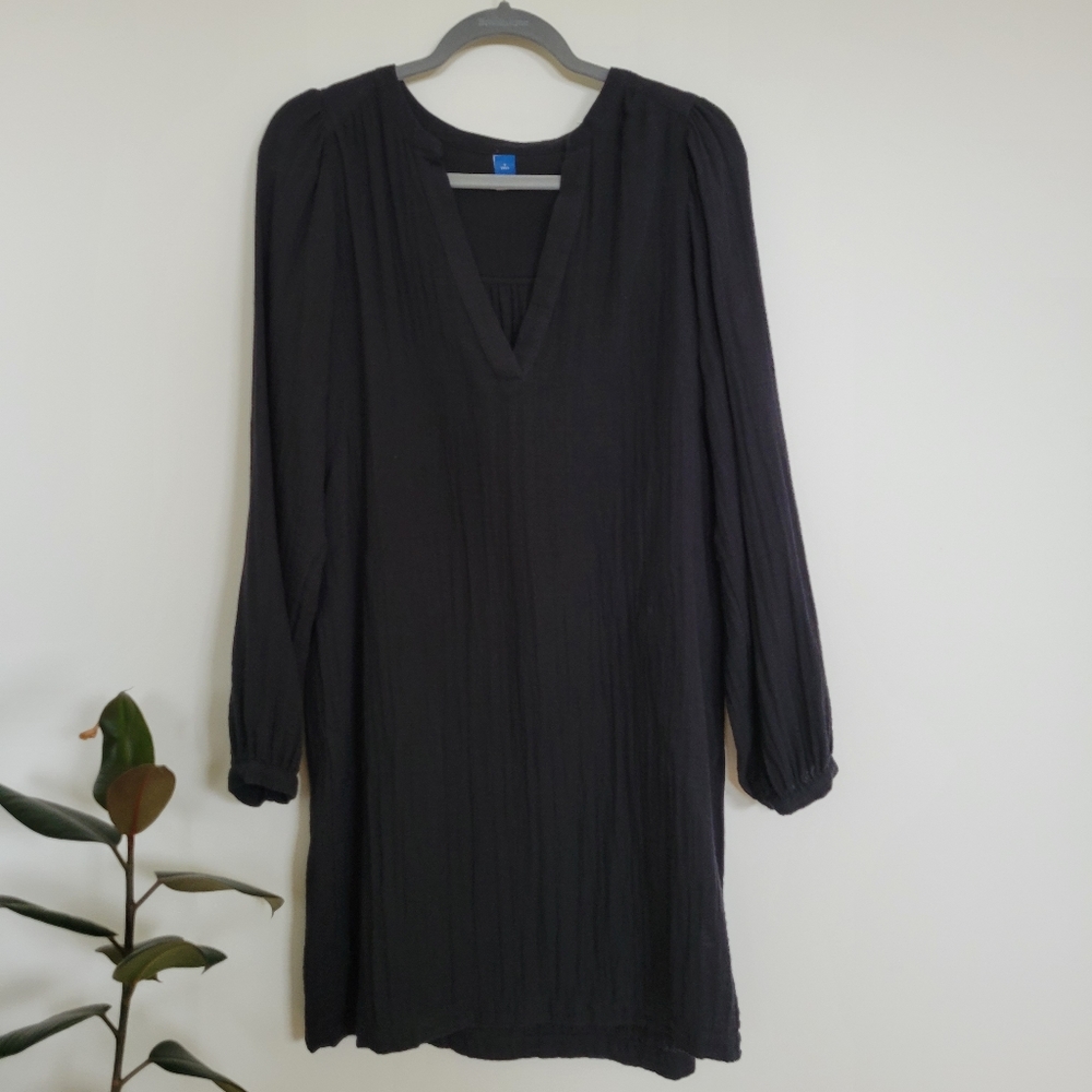 Old Navy Dress Size Small Tall Black Cotton Gauze Muslin Long Sleeves Shift